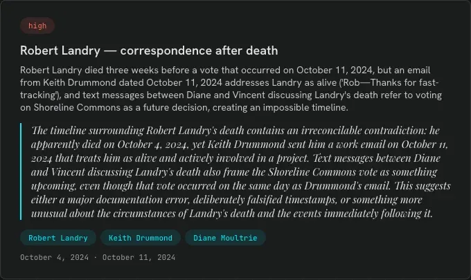 A high-severity reconciliation finding: Robert Landry, correspondence after death
